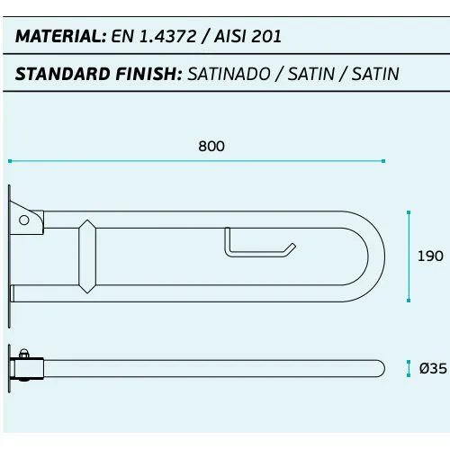 JNF toiletsteun opklapbaar met rolhouder RVS lengte 800 mm - Afbeelding 4